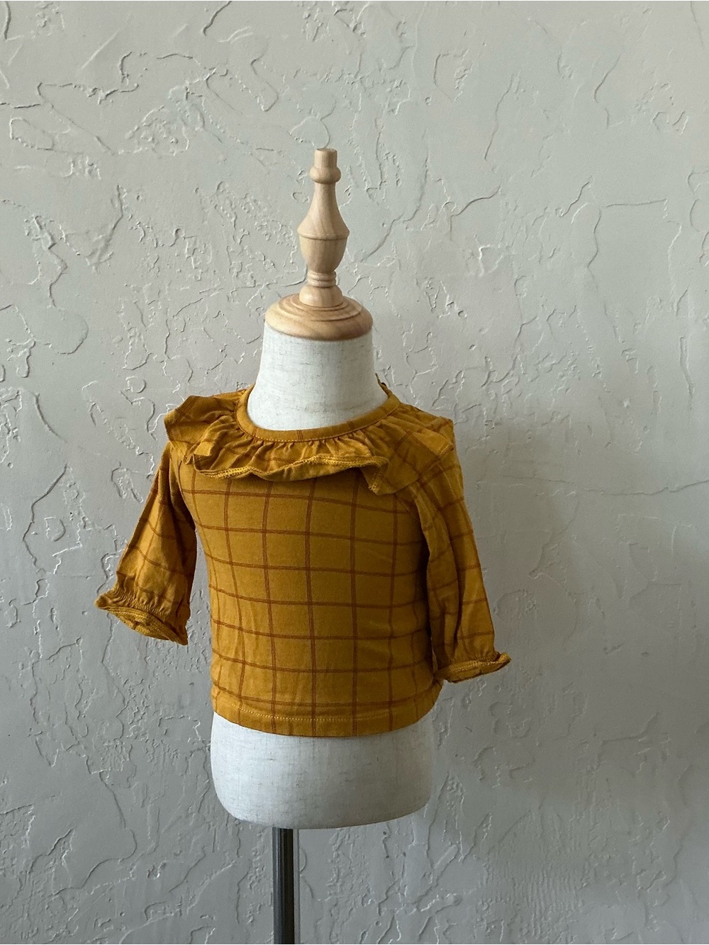 Mustard Plaid Ruffle Long Sleeve Top - Kids